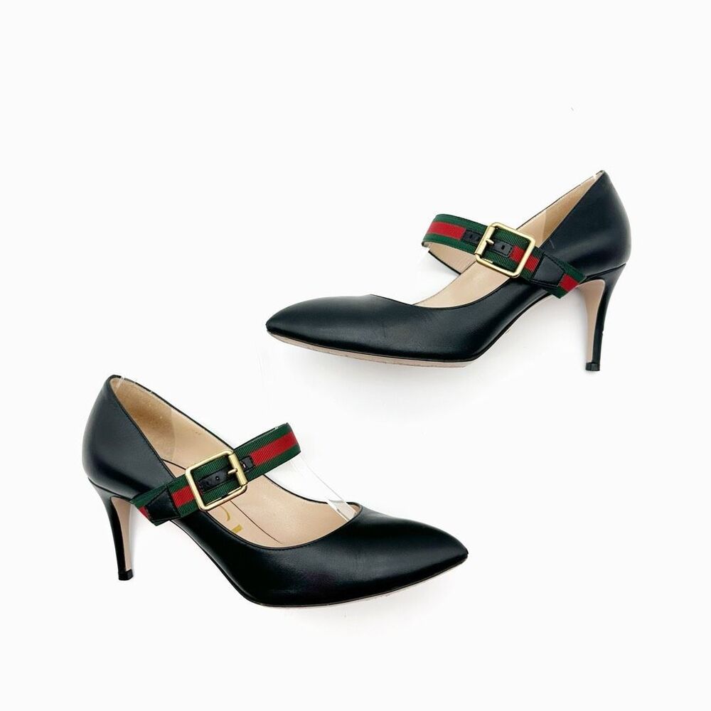 GUCCI Sylvie Black Leather Heels Size 37 US 7 Web Mary Jane Buckle Strap - Picture 2 of 13